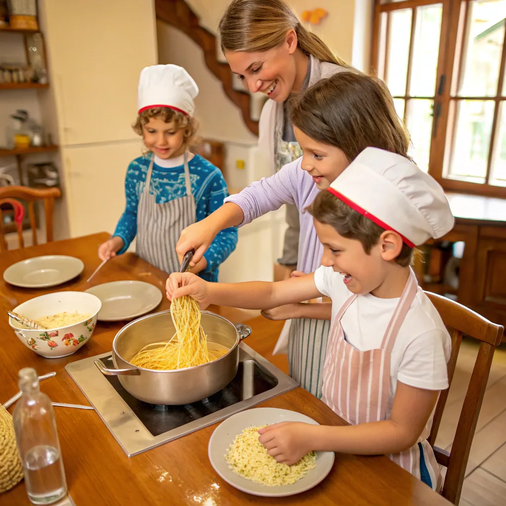 Children learning to cook pasta